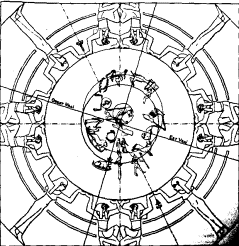The zodiac is "disposed about an eccentric circle with one center at the pole of the ecliptic (nipple of the female hippopotamus) and the other at the pole star (jackal or dog)". John Anthony West is not entirely convinced by Schwaller's theory, but does have an explanation  for Cancer being the odd sign out. When the temple was built, the Egyptian New Year began at the heliacal rising of Sirius, within the sign of Cancer. The New Year was celebrated at Dendera, and the temple was aligned tp the heliacal rising of Sirius (represented twice - between the horns of Hathor, on a line touching Cancer, and also as a falcon on the axis of the temple. Serpent in the Sky. C. 1993. John Anthony West
