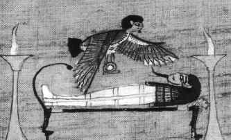 In Muldoon & Carrington's The Projection of the Astral Body, this is described as "The astral body, or Ka, visiting the mummy"; yet Mark Lehner says it is the ba, not the ka. The Complete Pyramids by Mark Lehner. C. 1997. Thames & Hudson