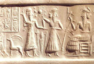 An Akkadian cylinder seal, showing an extra planet. C. 1996. Alan Alford/Staatliche Museen zu Berlin - Preussischer Kulturbesitz Vorderasiatisches Museum